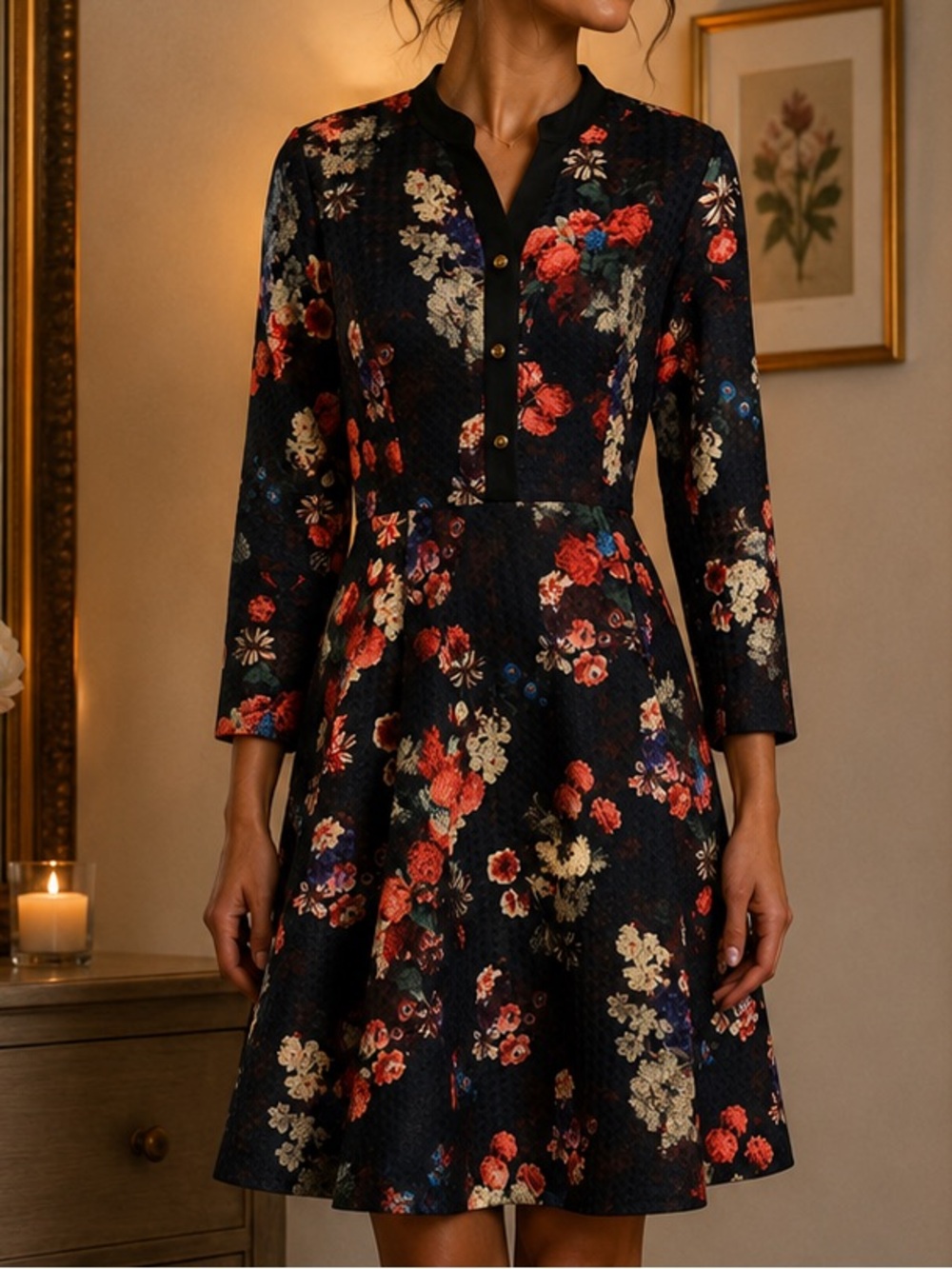 Multiflora floral midi dress vibrant all-over floral dark background large